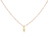 Miniature Pink Enamel CZ Cross Necklace